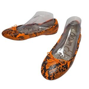 Sam Edelman Ballet Flats Orange Black Snakeskin Print Bow Accent W's 9.5 Rare!